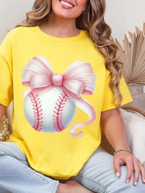 Gildan Yellow Short-Sleeve Tee with Pink Bow Baseball Graphic